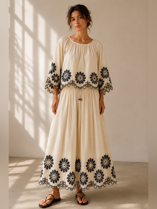 Dresses & Skirts - #302 Cream Maxi Skirt with Black Floral Embroidery